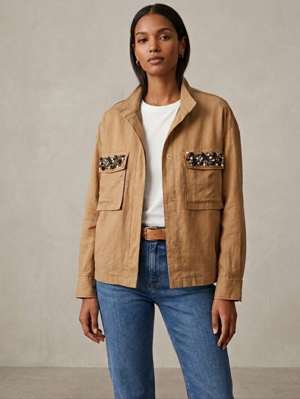 Mango Size XS Tan Beaded Linen Utility Jacket